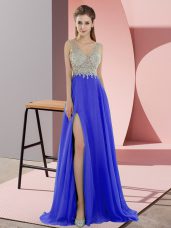 Extravagant Blue Chiffon Zipper Homecoming Dress Sleeveless Sweep Train Beading