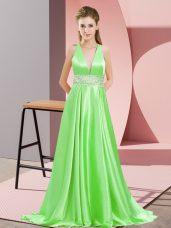 Best Selling Sleeveless Brush Train Beading Backless Prom Dress