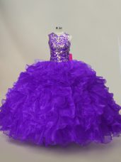 Scoop Sleeveless 15th Birthday Dress Floor Length Ruffles and Sequins Purple Organza
