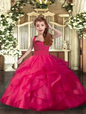 Organza Straps Sleeveless Lace Up Ruffles and Ruching Girls Pageant Dresses in Coral Red