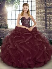 Cute Beading and Ruffles Quinceanera Gown Burgundy Lace Up Sleeveless Floor Length