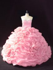 Court Train Ball Gowns Quinceanera Dress Pink Sweetheart Organza Sleeveless Lace Up