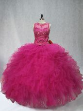 Decent Fuchsia Sleeveless Beading and Ruffles Floor Length 15th Birthday Dress