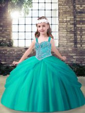 Aqua Blue Spaghetti Straps Lace Up Beading Kids Formal Wear Sleeveless