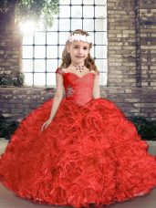 Custom Designed Red Organza and Fabric With Rolling Flowers Lace Up Pageant Dress Womens Sleeveless Floor Length Beading