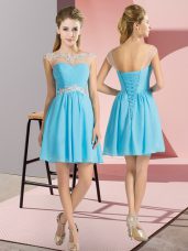 Graceful Aqua Blue Chiffon Lace Up Quinceanera Dama Dress Cap Sleeves Mini Length Beading