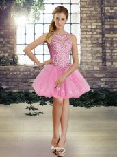 Rose Pink Sleeveless Beading Mini Length Prom Dress