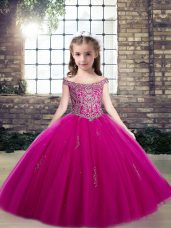 Fancy Fuchsia Ball Gowns Beading Kids Formal Wear Lace Up Tulle Sleeveless Floor Length