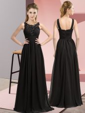 Black Chiffon Zipper Scoop Sleeveless Floor Length Vestidos de Damas Beading and Appliques