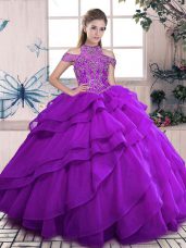 Glittering Floor Length Purple Quinceanera Dresses Organza Sleeveless Beading and Ruffles
