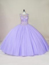 Latest Scoop Sleeveless Tulle Quinceanera Gown Beading Lace Up