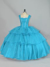 Fashionable Aqua Blue Ball Gowns Straps Sleeveless Organza Floor Length Lace Up Beading and Ruffled Layers 15th Birthday Dress