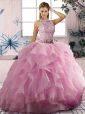 Pink Sleeveless Beading and Ruffles Floor Length Quinceanera Gowns