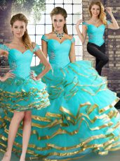 Custom Made Off The Shoulder Sleeveless Tulle Quinceanera Dresses Beading and Ruffled Layers Lace Up