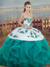 Ideal Turquoise Sweetheart Lace Up Embroidery and Ruffles and Bowknot Sweet 16 Quinceanera Dress Sleeveless