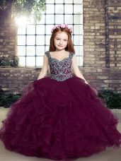 Sleeveless Floor Length Beading and Ruffles Lace Up Kids Pageant Dress with Purple