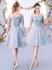 Clearance Grey Lace Up Quinceanera Court of Honor Dress Lace and Belt Short Sleeves Knee Length