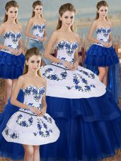 Sumptuous Royal Blue Tulle Lace Up Sweetheart Sleeveless Floor Length Sweet 16 Dresses Embroidery and Bowknot