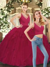 Flirting Floor Length Lace Up 15th Birthday Dress Red for Sweet 16 and Quinceanera with Ruffles