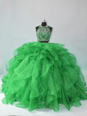 Green Halter Top Backless Beading and Ruffles Ball Gown Prom Dress Sleeveless