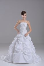 Spectacular Strapless Sleeveless Wedding Gowns Brush Train Beading and Pick Ups White Taffeta