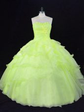 Yellow Green Sleeveless Ruffles and Hand Made Flower Floor Length Sweet 16 Dresses