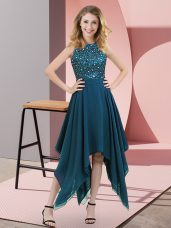 Beading and Sequins Evening Dress Teal Zipper Sleeveless Asymmetrical