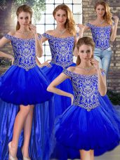 Traditional Royal Blue Sleeveless Floor Length Beading and Ruffles Lace Up Quince Ball Gowns