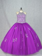 New Arrival Purple Ball Gowns Tulle Halter Top Sleeveless Beading and Appliques Floor Length Lace Up Quinceanera Gowns