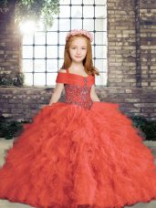 Red Sleeveless Beading Floor Length Custom Made Pageant Dress