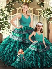 Spectacular Sleeveless Organza Floor Length Backless Quinceanera Gowns in Turquoise with Appliques and Ruffles
