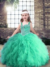 Excellent Floor Length Ball Gowns Sleeveless Turquoise Little Girls Pageant Dress Lace Up