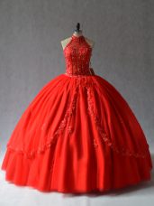 Sleeveless Tulle Floor Length Lace Up Quince Ball Gowns in Red with Appliques