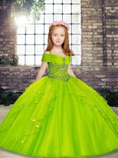 Simple Ball Gowns Straps Sleeveless Tulle Floor Length Lace Up Beading Little Girl Pageant Gowns