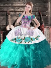 Free and Easy Organza Off The Shoulder Sleeveless Lace Up Embroidery Quince Ball Gowns in Aqua Blue