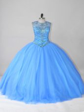 Beading Quinceanera Dress Blue Lace Up Sleeveless Floor Length