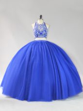 Royal Blue Halter Top Neckline Beading 15 Quinceanera Dress Sleeveless Backless