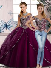 Shining Cap Sleeves Beading Lace Up Vestidos de Quinceanera with Purple Brush Train