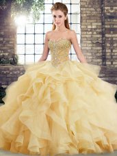 Gold Tulle Lace Up Sweet 16 Quinceanera Dress Sleeveless Brush Train Beading and Ruffles