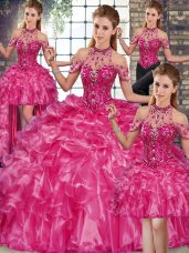 Most Popular Fuchsia Lace Up Halter Top Beading and Ruffles 15th Birthday Dress Organza Sleeveless