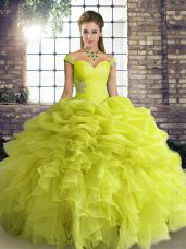 Modest Floor Length Yellow Green Sweet 16 Quinceanera Dress Off The Shoulder Sleeveless Lace Up