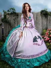 Sleeveless Floor Length Embroidery and Ruffles Lace Up Quinceanera Gowns with Blue And White