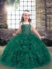 Stunning Dark Green Ball Gowns Straps Sleeveless Organza Floor Length Lace Up Beading and Ruffles Girls Pageant Dresses