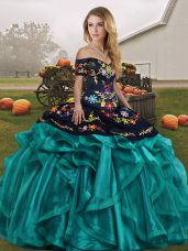Embroidery and Ruffles Quinceanera Dress Teal Lace Up Sleeveless Floor Length