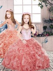 Red Ball Gowns Organza Scoop Sleeveless Beading and Ruffles Floor Length Zipper Child Pageant Dress