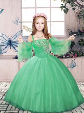 Beautiful Tulle Straps Sleeveless Lace Up Beading Little Girl Pageant Gowns in Green