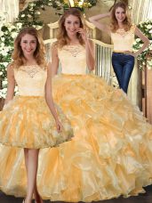 Superior Organza Scoop Sleeveless Clasp Handle Lace and Ruffles Sweet 16 Dress in Gold