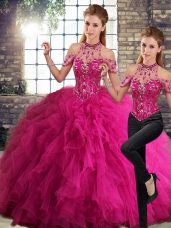 Sleeveless Tulle Floor Length Lace Up Quinceanera Dress in Fuchsia with Beading and Ruffles