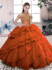 Orange Sleeveless Floor Length Beading and Ruffled Layers Lace Up Quince Ball Gowns