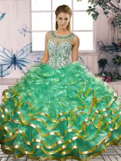 Clearance Sleeveless Floor Length Beading and Ruffles Lace Up Quinceanera Dresses with Turquoise